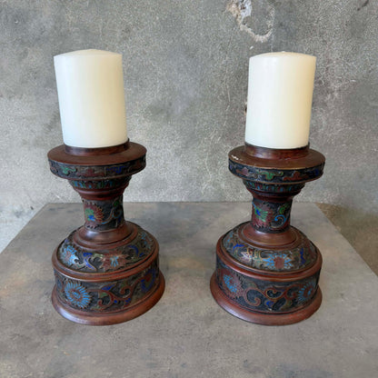 Pair of Antique Japanese Bronze & Enamel Lamp Bases / Candle Holders c. 1890–1920