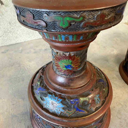 Pair of Antique Japanese Bronze & Enamel Lamp Bases / Candle Holders c. 1890–1920