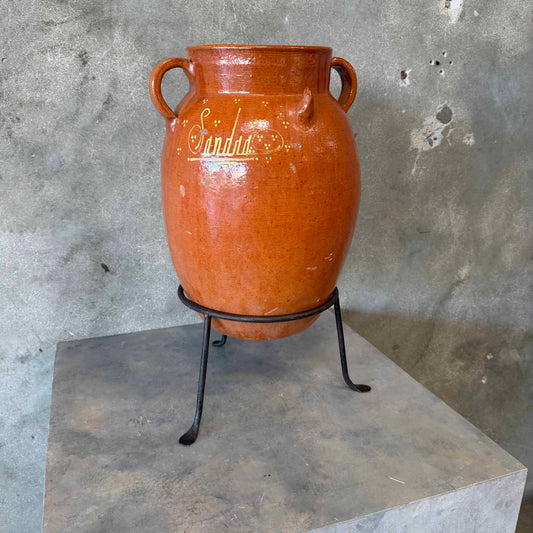 Vintage Mexican Folk Pottery Olla / Pot with Iron Stand c. 1950s