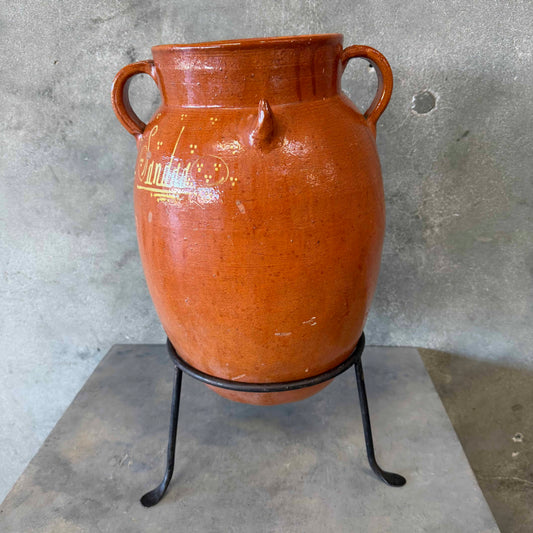 Vintage Mexican Folk Pottery Olla / Pot with Iron Stand c. 1950s