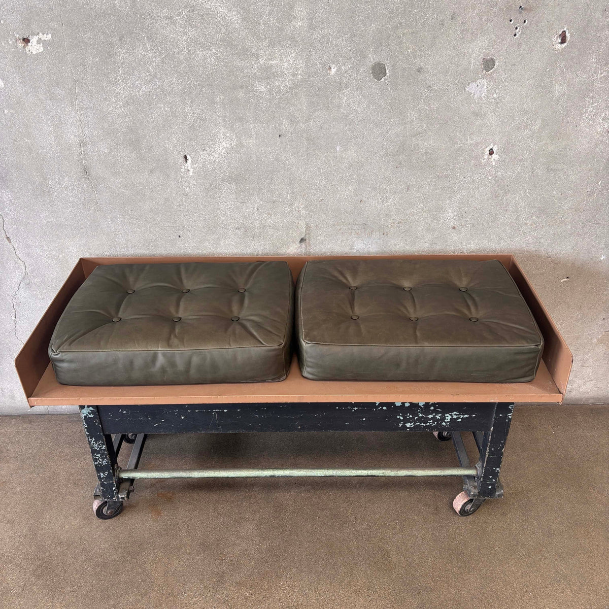 Industrial Bench on Wheels w/Leather Cushions