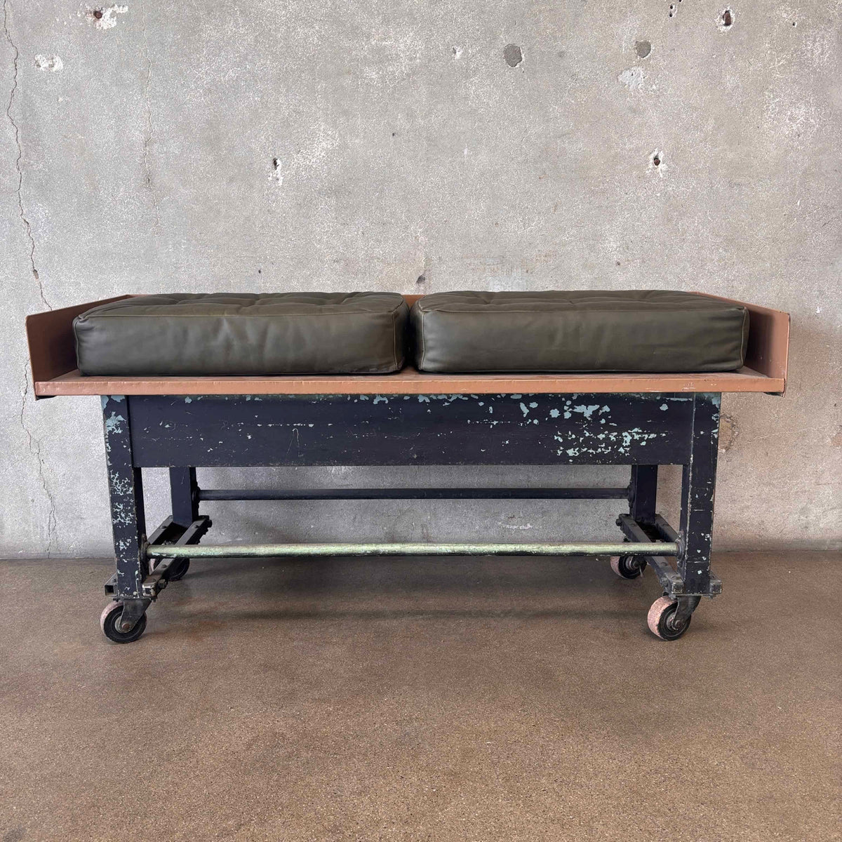 Industrial Bench on Wheels w/Leather Cushions