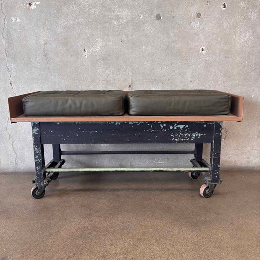 Industrial Bench on Wheels w/Leather Cushions