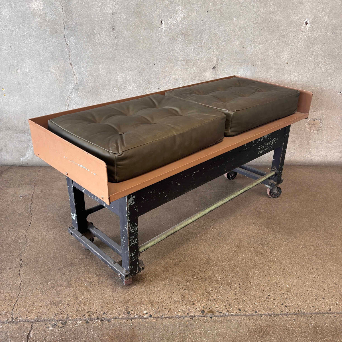 Industrial Bench on Wheels w/Leather Cushions