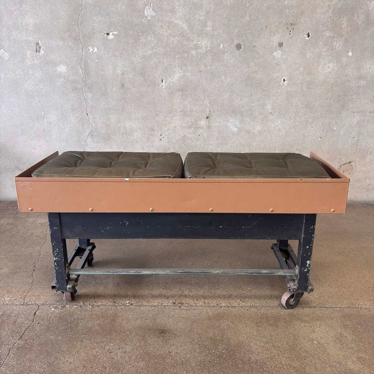 Industrial Bench on Wheels w/Leather Cushions