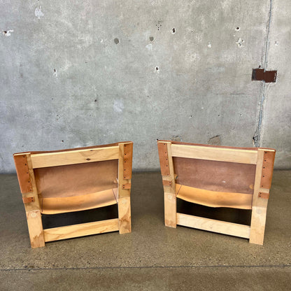 Pair Leather & Plywood Architectural Lounge Chairs