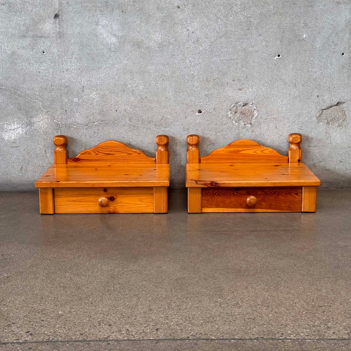 Pair of Scandinavian Pine Floating Wall Mount Nightstands With Drawers