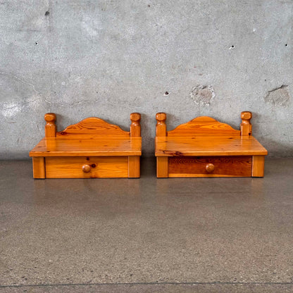 Pair of Scandinavian Pine Floating Wall Mount Nightstands With Drawers