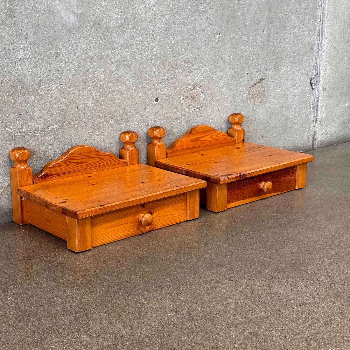 Pair of Scandinavian Pine Floating Wall Mount Nightstands With Drawers