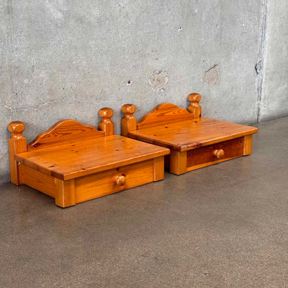 Pair of Scandinavian Pine Floating Wall Mount Nightstands With Drawers