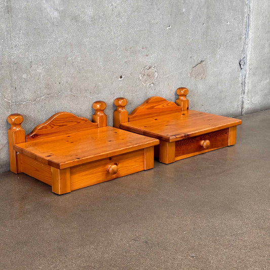 Pair of Scandinavian Pine Floating Wall Mount Nightstands With Drawers