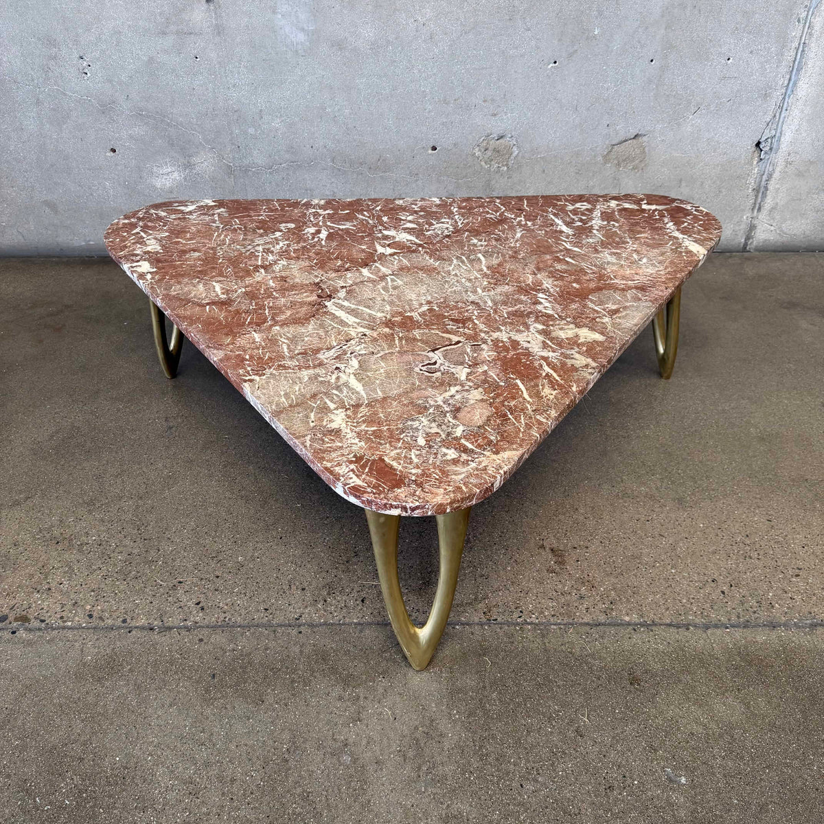 Mid Century Triangular Coffee Table With Red Marble & Brass Legs