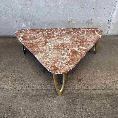 Mid Century Triangular Coffee Table With Red Marble & Brass Legs