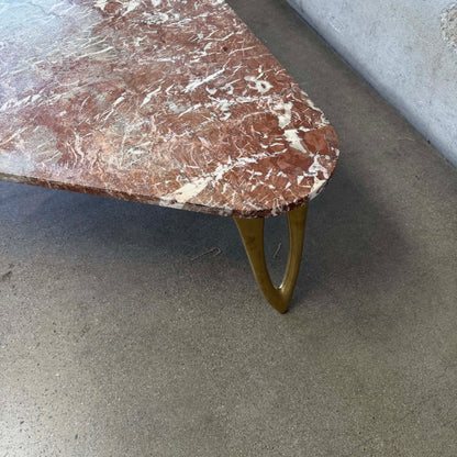 Mid Century Triangular Coffee Table With Red Marble & Brass Legs