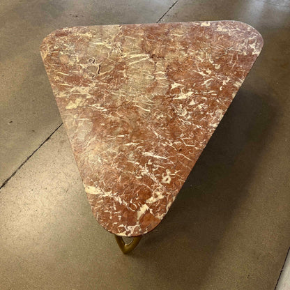 Mid Century Triangular Coffee Table With Red Marble & Brass Legs