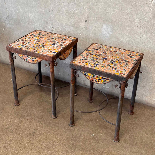 Pair of Antique Steel & Terra Cotta Side Tables