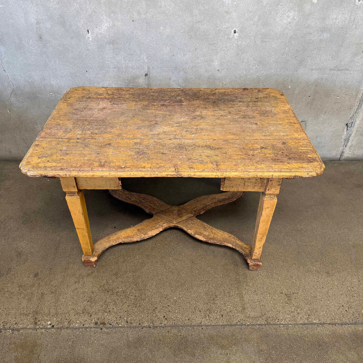 Antique European Highly Patinated Table in Yellow w/ Wormwood Detail
