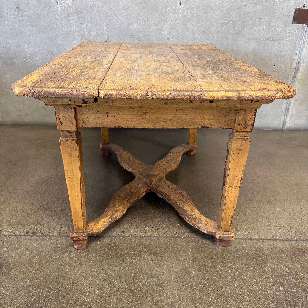 Antique European Highly Patinated Table in Yellow w/ Wormwood Detail