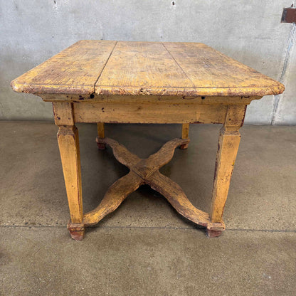 Antique European Highly Patinated Table in Yellow w/ Wormwood Detail