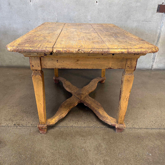 Antique European Highly Patinated Table in Yellow w/ Wormwood Detail