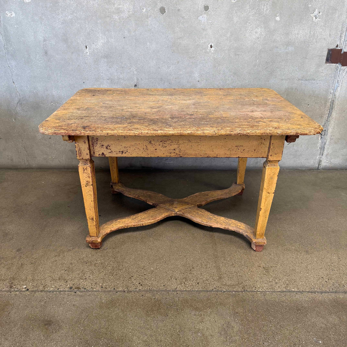 Antique European Highly Patinated Table in Yellow w/ Wormwood Detail