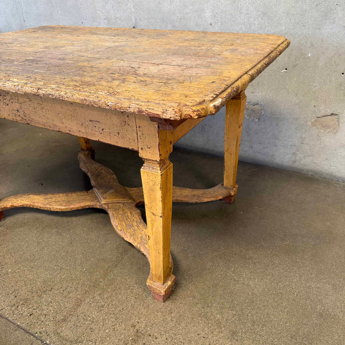Antique European Highly Patinated Table in Yellow w/ Wormwood Detail