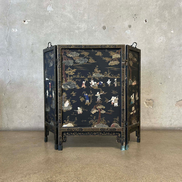 Asian Black Lacquer Three-Panel Folding Screen