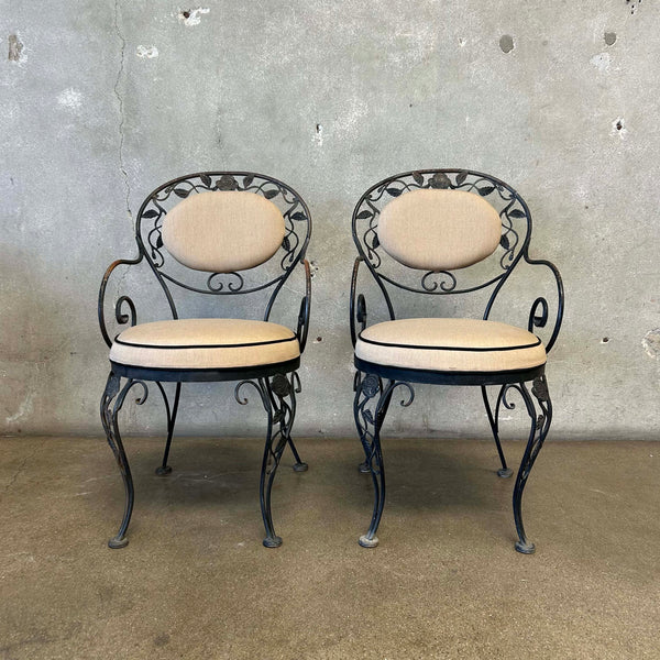 Pair of Vintage Salterini Iron Patio Arm Chairs w/ Junbrella Upholstery