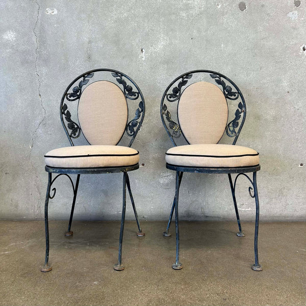 Pair of Vintage Salterini Iron Patio Side Chairs w/ Junbrella Upholstery
