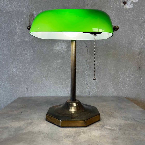 Vintage Green Glass Bankers Table Lamp w/ Brass Base