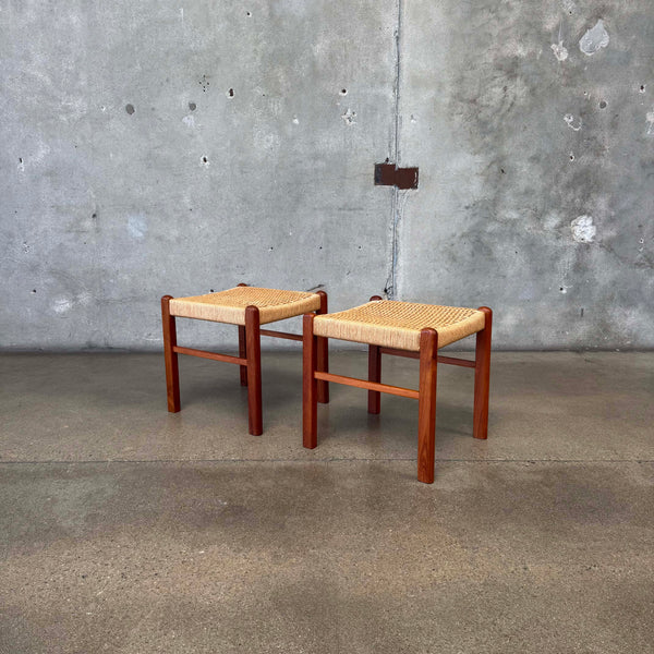 Pair of Vintage Teak & Cord Stools - HOLD