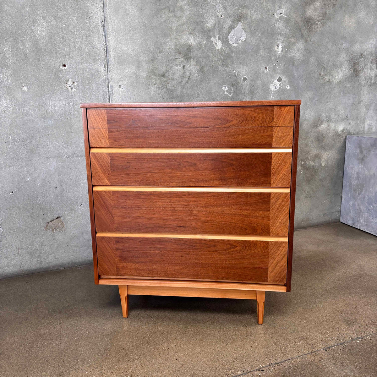Mid Century Modern 4 Drawer Walnut/ Birch Dresser