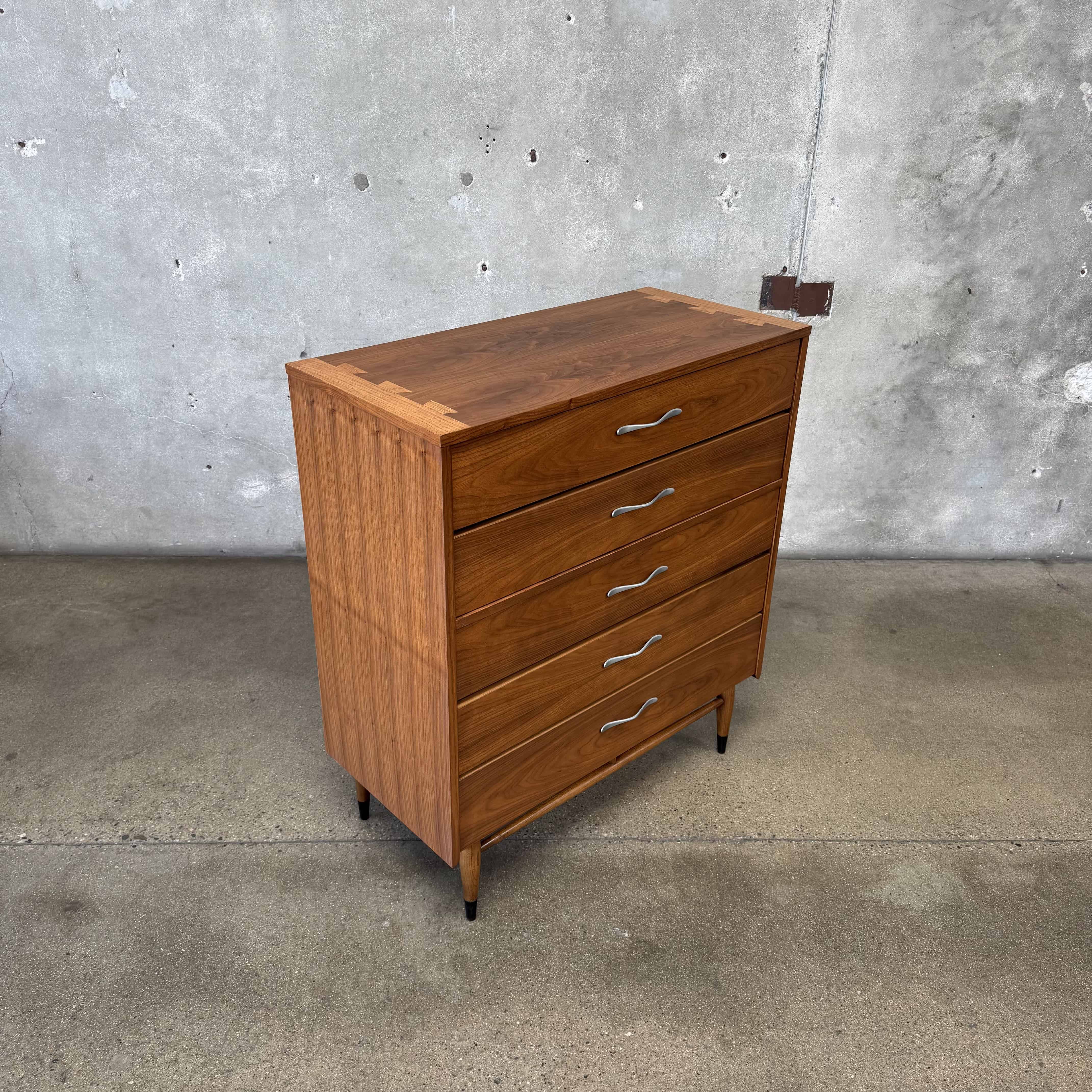 mid century modern tallboy dresser Lane Rhythm Highboy in Teak The left side showcases seven molded plastic cream lacquer drawers with recessed oval fronts and chrome pulls Mid-century tallboy dresser makeover