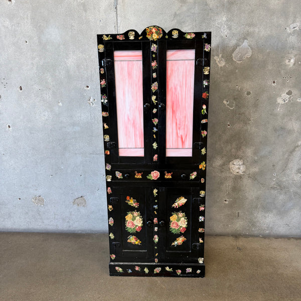 Black Cottage Folk Art Wood Cupboard w/ Victorian Imagery & Stained Glass