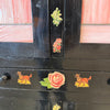 Black Cottage Folk Art Wood Cupboard w/ Victorian Imagery & Stained Glass