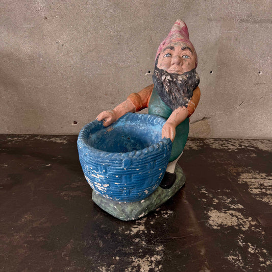Vintage Cement Garden Gnome with Basket