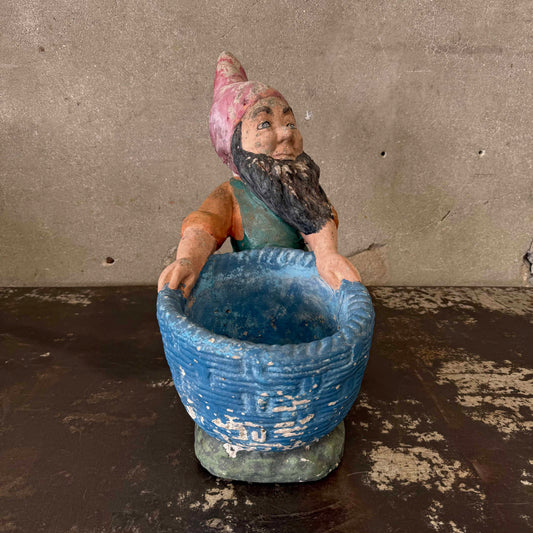 Vintage Cement Garden Gnome with Basket