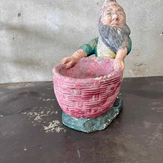 Vintage Cement Garden Gnome with Basket