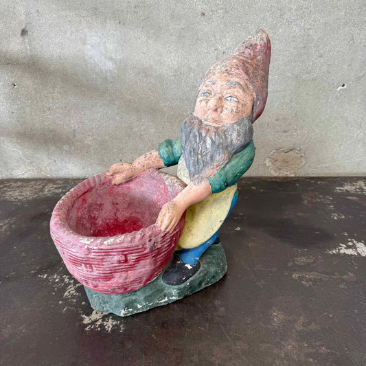 Vintage Cement Garden Gnome with Basket