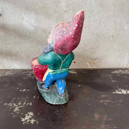 Vintage Cement Garden Gnome with Basket