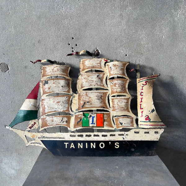 Vintage Torch Cut Steel "Taninos" Italian Restaurant Sail Ship Display