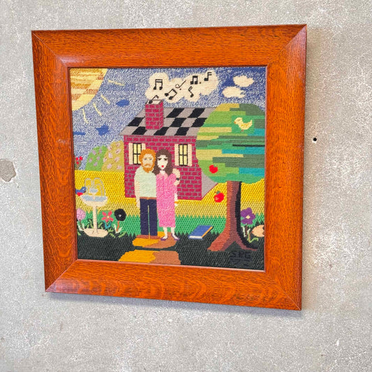 1970's Needle Point Art w/Oak Frame