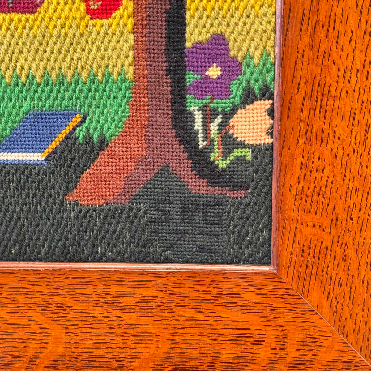 1970's Needle Point Art w/Oak Frame