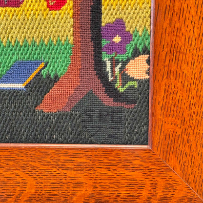 1970's Needle Point Art w/Oak Frame