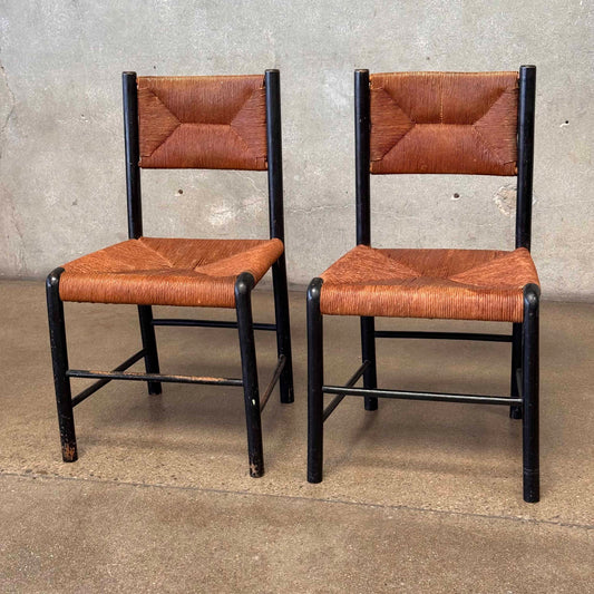 Pair of Black and Tan Dining Chairs w/ Grass Cord Seats