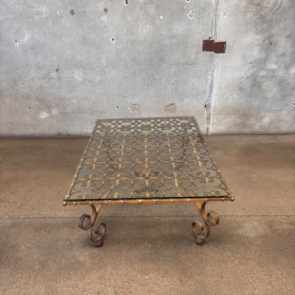 Mid Century Hollywood Regency Fleur De Lis Design Glass Top Coffee Table