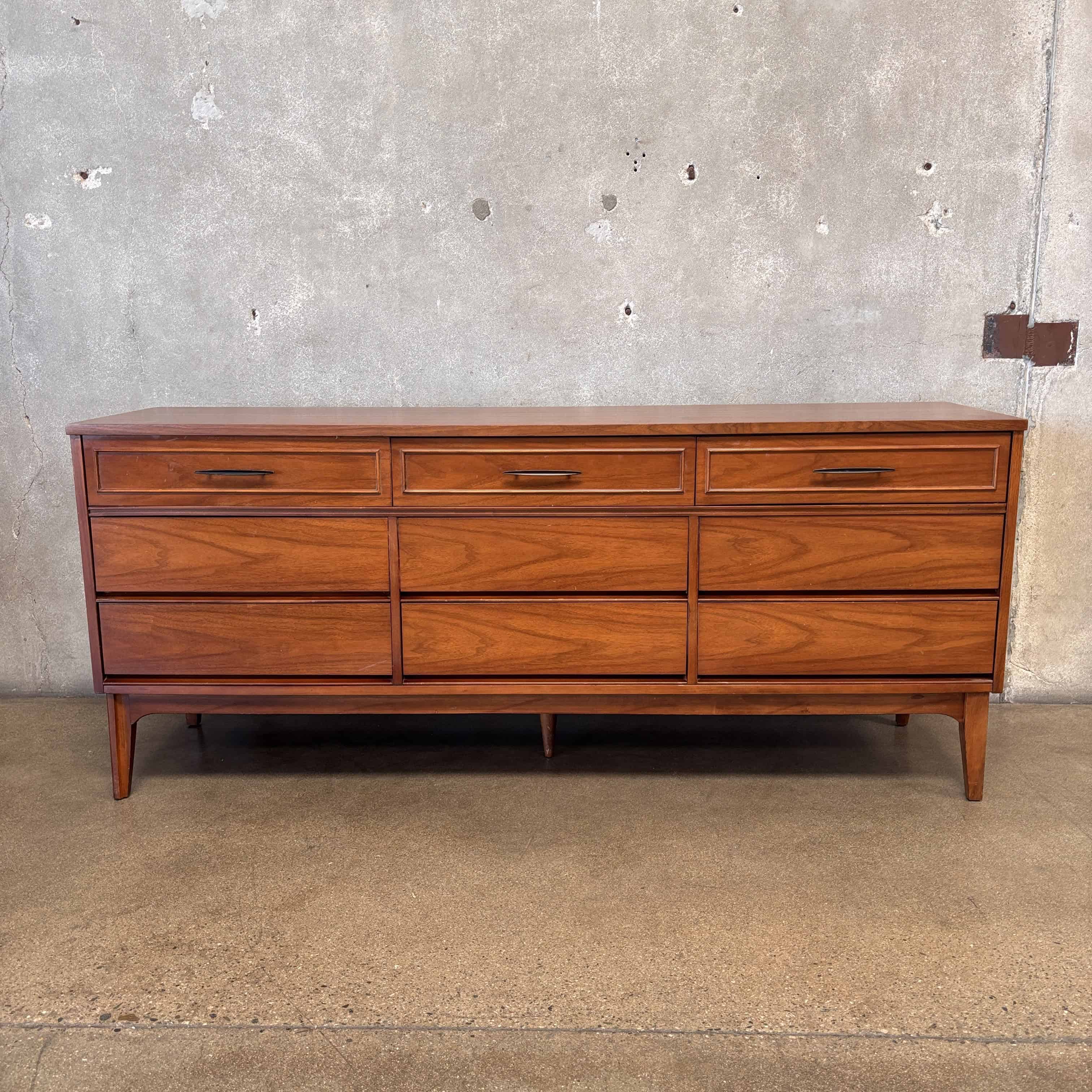 Vintage Mid Century Modern Walnut Nine Drawer Dresser By Dixie