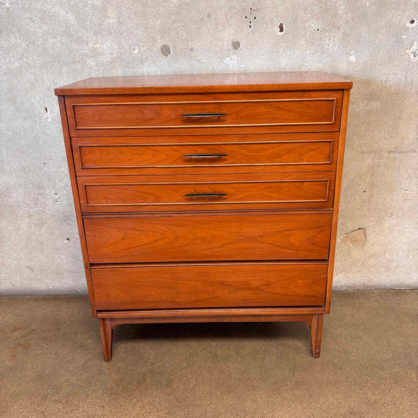 Vintage Mid Century Modern Walnut Highboy Four Drawer Dresser By Dixie