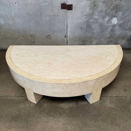 Vintage Post Modern Half Moon Beige Wood & Travertine Coffee Table
