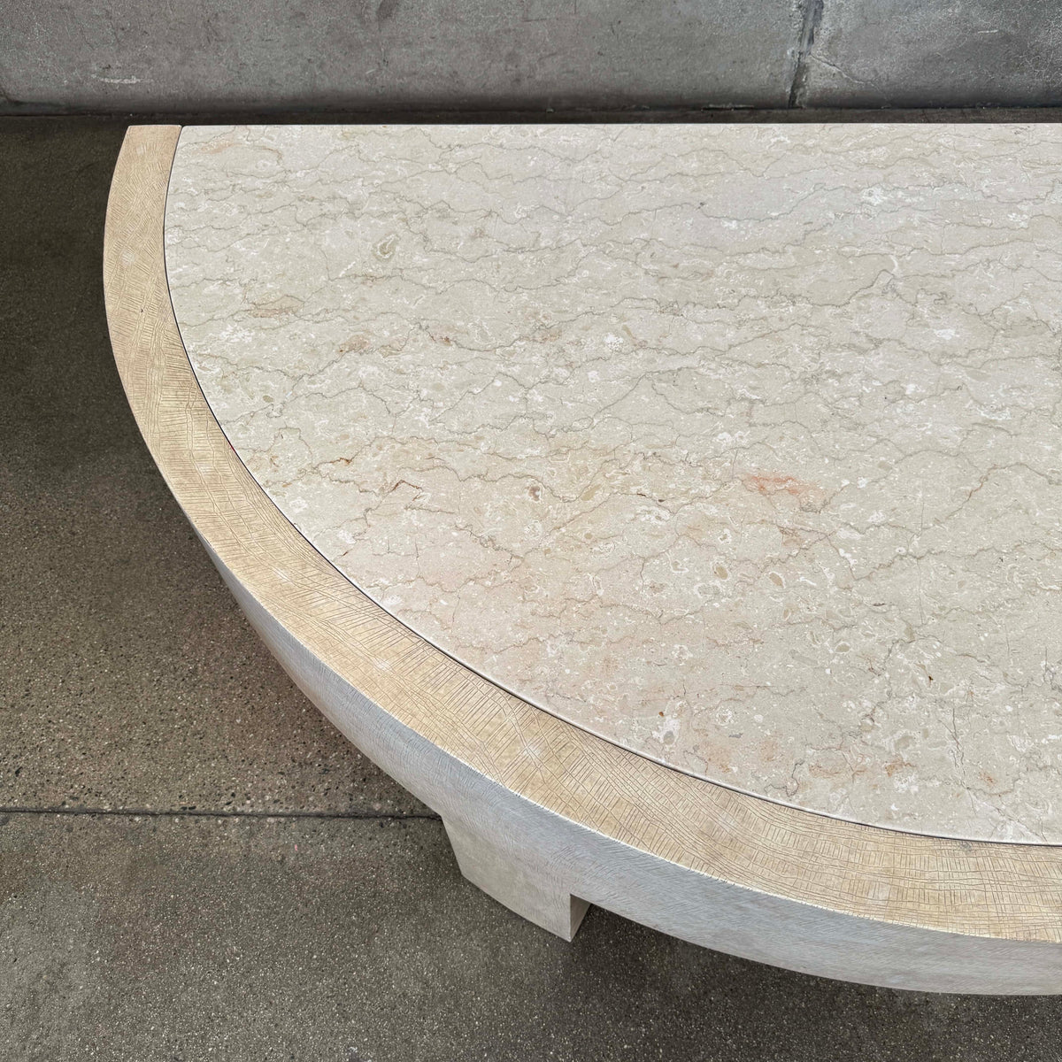 Vintage Post Modern Half Moon Beige Wood & Travertine Coffee Table
